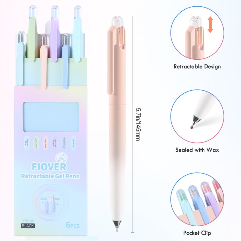 FIOVER Gel Pens, 6 Pack 0.5mm Drift Bottle Retractable Fine Point Smooth Writing Black Ink Pens, Quick Dry No Smear, Aesthetics Cute Office School Supplies Gifts for Women (6PCS Black Ink) - Image 5