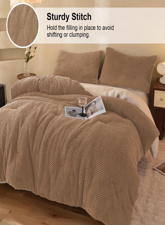 LLanCL -3D Jacquard Design Comforter Set, Luxurious Cozy 3 Piece Ultra Soft Warm Sherpa Fur Plush Bedding Set with 2 Pillow Shams (Queen 90, Beige) - Image 3