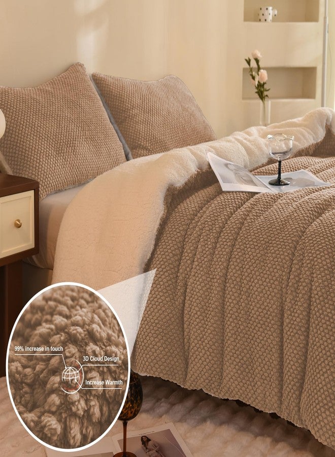 LLanCL -3D Jacquard Design Comforter Set, Luxurious Cozy 3 Piece Ultra Soft Warm Sherpa Fur Plush Bedding Set with 2 Pillow Shams (Queen 90, Beige) - Image 2