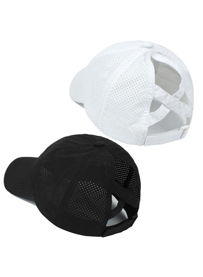 Ztl New Upgraded Womens Criss Cross Hat Ponytail Baseball Cap Adjustable High Messy Bun Ponycap Low Profile Dad Trucker Hat, 2 Pack (Black + White), One size - Image 1