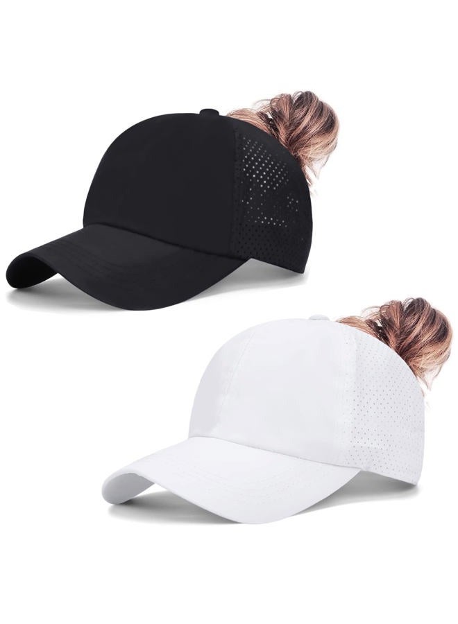 Ztl New Upgraded Womens Criss Cross Hat Ponytail Baseball Cap Adjustable High Messy Bun Ponycap Low Profile Dad Trucker Hat, 2 Pack (Black + White), One size - Image 2
