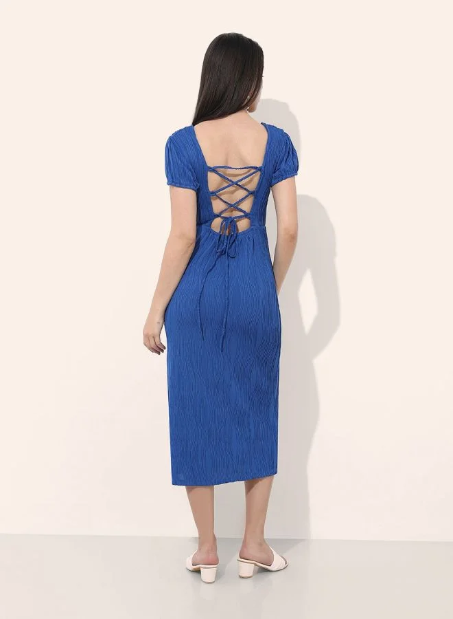 Freehand  Women Fit and Flared Textured Round Neck Short Sleeve Midi Dress for Women | Best Price UAE