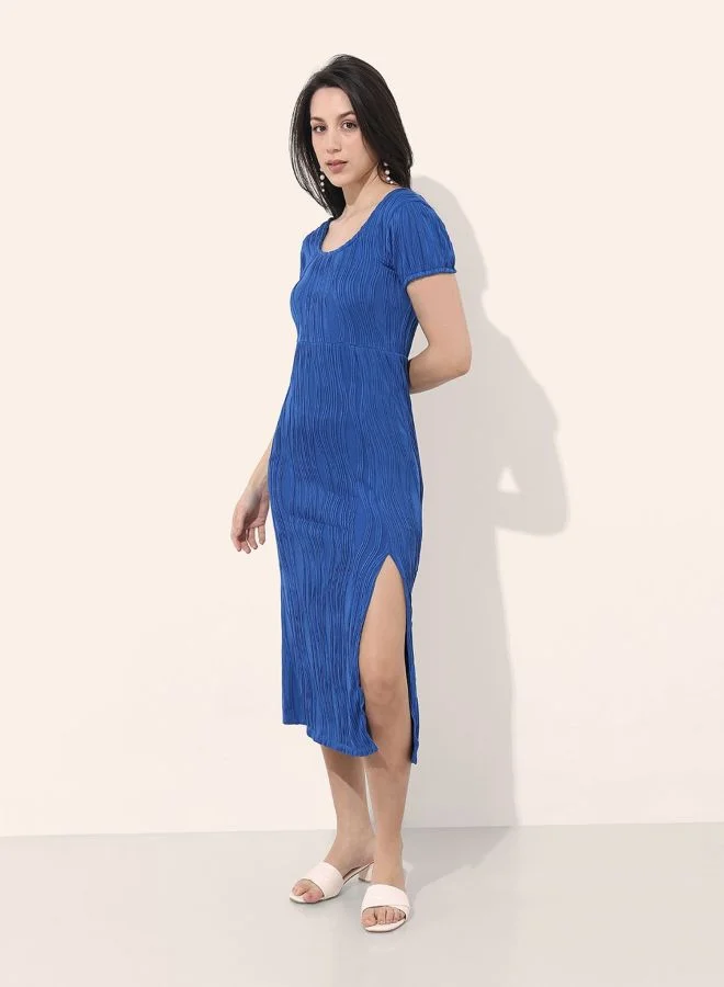 Freehand  Women Fit and Flared Textured Round Neck Short Sleeve Midi Dress for Women | Best Price UAE