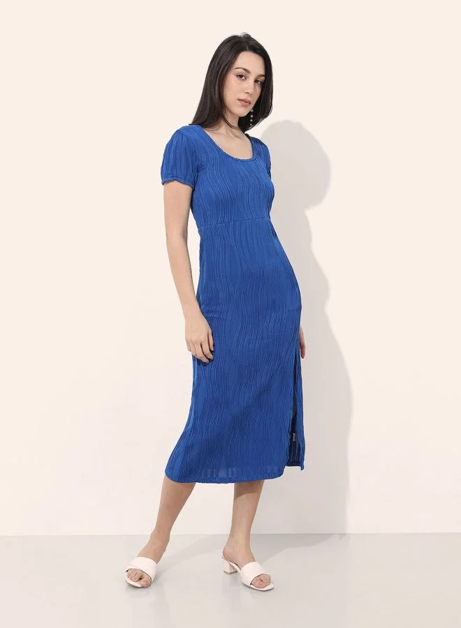 Freehand  Women Fit and Flared Textured Round Neck Short Sleeve Midi Dress for Women | Best Price UAE