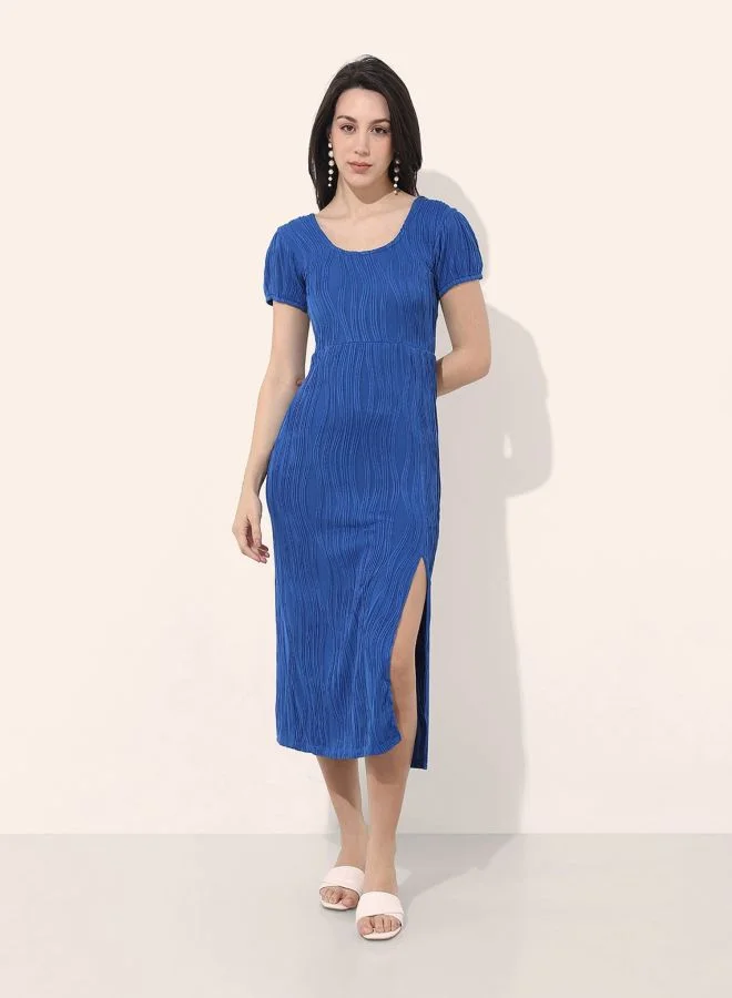 Freehand  Women Fit and Flared Textured Round Neck Short Sleeve Midi Dress for Women | Best Price UAE