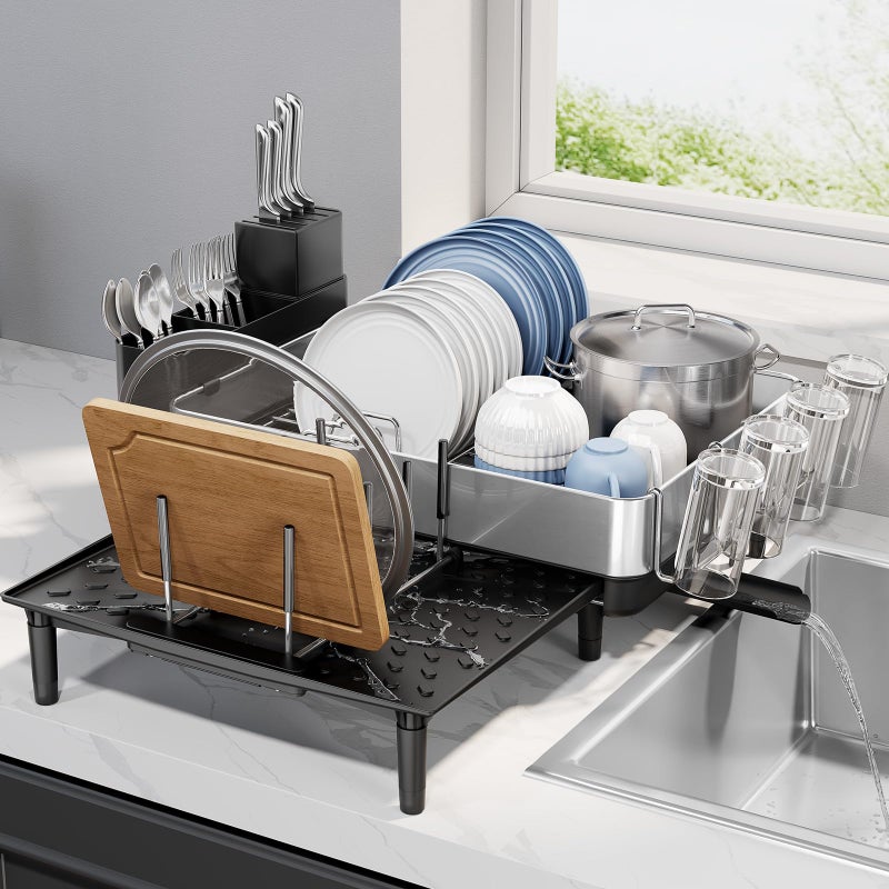Urackify Dish Drying Rack for Kitchen Counter - Stainless Steel Dish Drainer with Drain Board, Removable Utensil Holder, Rust-Proof Plate, Non-Slip Feet, Large Capacity for 10 Plates 6 Bowls 4 Cups - Image 1