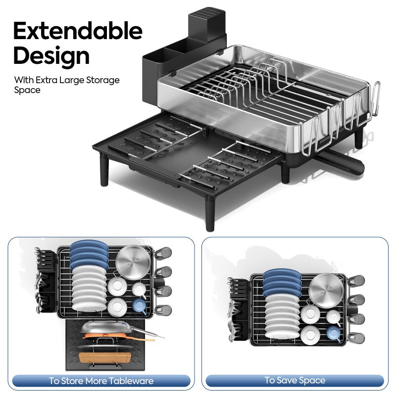 Urackify Dish Drying Rack for Kitchen Counter - Stainless Steel Dish Drainer with Drain Board, Removable Utensil Holder, Rust-Proof Plate, Non-Slip Feet, Large Capacity for 10 Plates 6 Bowls 4 Cups - Image 5