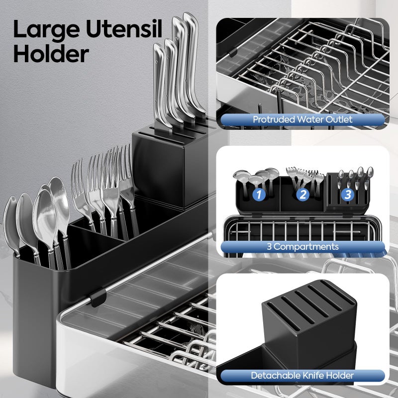 Urackify Dish Drying Rack for Kitchen Counter - Stainless Steel Dish Drainer with Drain Board, Removable Utensil Holder, Rust-Proof Plate, Non-Slip Feet, Large Capacity for 10 Plates 6 Bowls 4 Cups - Image 4