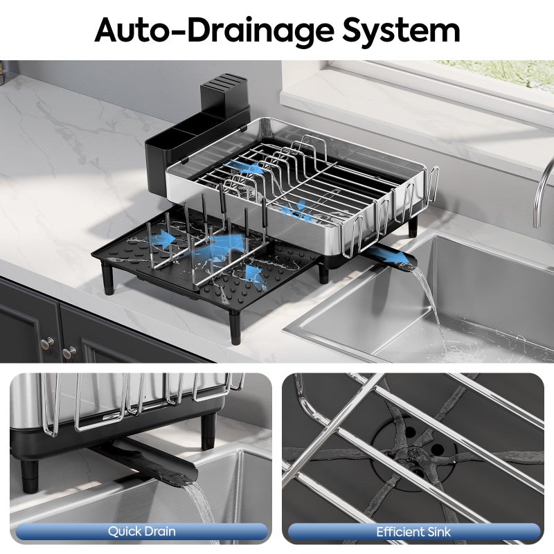 Urackify Dish Drying Rack for Kitchen Counter - Stainless Steel Dish Drainer with Drain Board, Removable Utensil Holder, Rust-Proof Plate, Non-Slip Feet, Large Capacity for 10 Plates 6 Bowls 4 Cups - Image 3