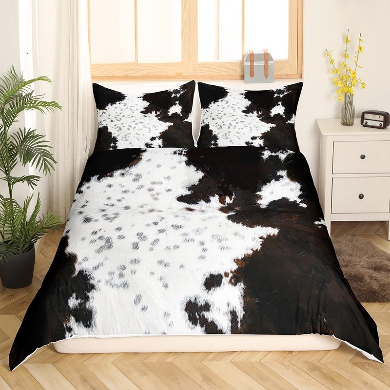 Cow Print Duvet Cover King Size White Black Brown Cowhide Printed Bedding Set 3Pcs for Kids Teen Adult Room Decor Abstract Animal Skin Print Comforter Cover Farmhouse Bedspread with 2 Pillowcases