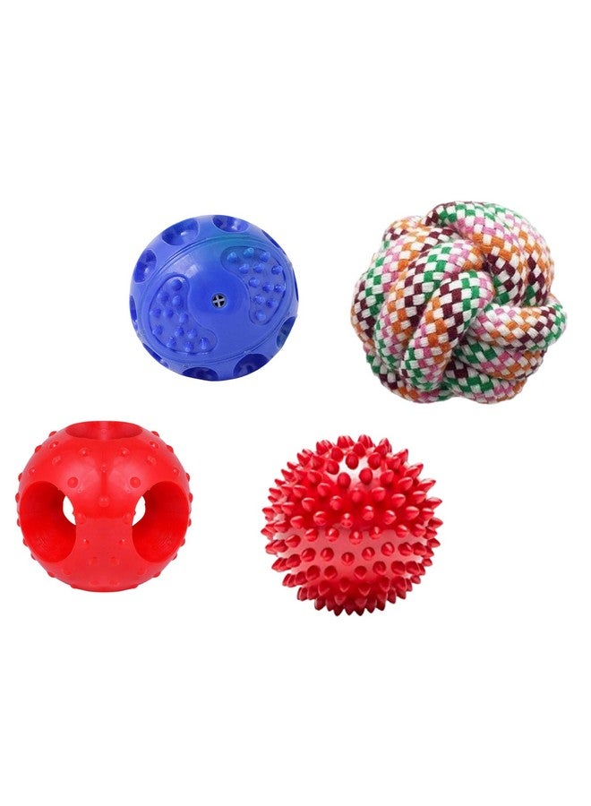 مجموعة كرات المضغ للتسنين، كرة قطنية، كرة صلبة تصدر صريرًا، كرة ذات مسامير وكرة مجوفة للكلاب الصغيرة والمتوسطة الحجم (عبوة 4 في 1) - Image 1