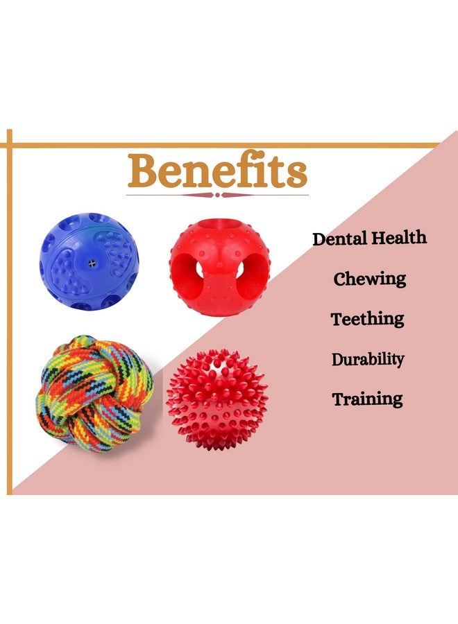 مجموعة كرات المضغ للتسنين، كرة قطنية، كرة صلبة تصدر صريرًا، كرة ذات مسامير وكرة مجوفة للكلاب الصغيرة والمتوسطة الحجم (عبوة 4 في 1) - Image 4