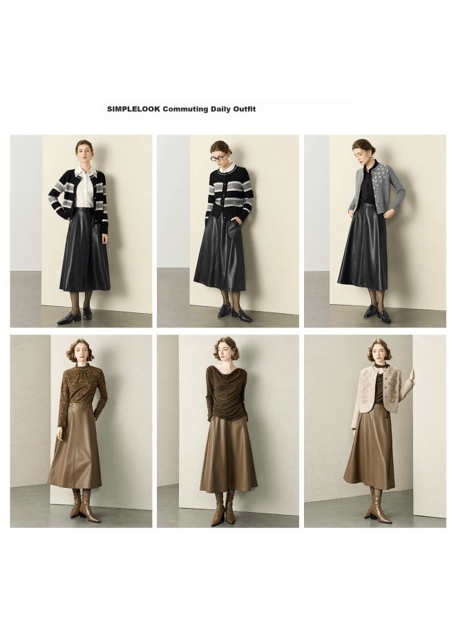 Yanyee Women's Long A-line Skirt Autumn Winter High-end Fashion Large Hem Pu Long Skirt Brown L - Image 3