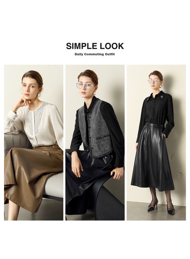 Yanyee Women's Long A-line Skirt Autumn Winter High-end Fashion Large Hem Pu Long Skirt Brown L - Image 2