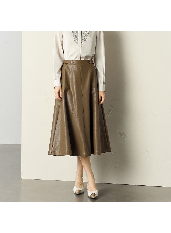 Yanyee Women's Long A-line Skirt Autumn Winter High-end Fashion Large Hem Pu Long Skirt Brown L - Image 1