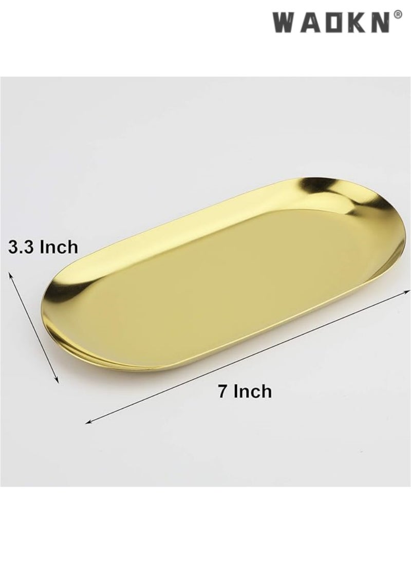 WAOKN Stainless Steel Decorative Tray, Set of 2, 7 Inch Long, Jewelry Dish Cosmetics Organizer Bathroom Clutter Serving Platter Small Storage Tray, Oval  - Image 2