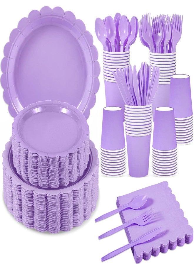 Xiangqu 350 Pcs Lavender Paper Plates and Napkins, 50 Guest Light Purple Party Supplies Include Light Purple Scalloped Plates Napkins Cups Plastic Spoon Fork Knive for Baby Shower, Wedding, Birthday - Image 1