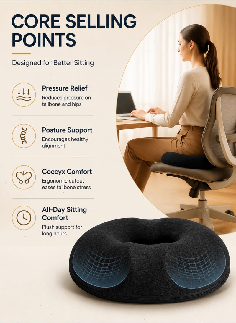 Memory Foam Seat Cushion, Donut Pillow Pain Relief for Prostate, Pregnancy, Coccyx Pain, Surgery, Sciatica, Car Home Office Seat Cushions Black - Image 3