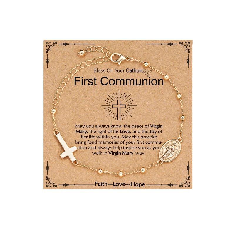 VULETO First Communion Gifts for Girls, Catholic Virgin Mary Rosary Beads Cross Bracelet 1st Holy Communion Decorations Favors Stuff Christian Religious Easter Jewelry Gifts Presents for Kids Daughter Ages Year Old Gold - Image 1