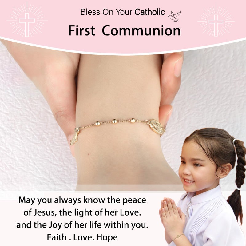 VULETO First Communion Gifts for Girls, Catholic Virgin Mary Rosary Beads Cross Bracelet 1st Holy Communion Decorations Favors Stuff Christian Religious Easter Jewelry Gifts Presents for Kids Daughter Ages Year Old Gold - Image 4