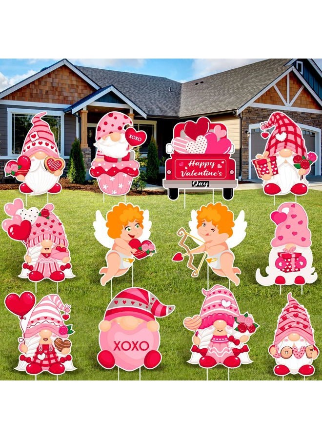 Glenmal 12 Pcs Valentine's Day Yard Signs with Stakes Valentine Gnomes Lawn Decorations Outdoor Love Gnomes Swedish Tomte Elf Corrugated Yard Signs Decor for Wedding Anniversary Party - Image 1