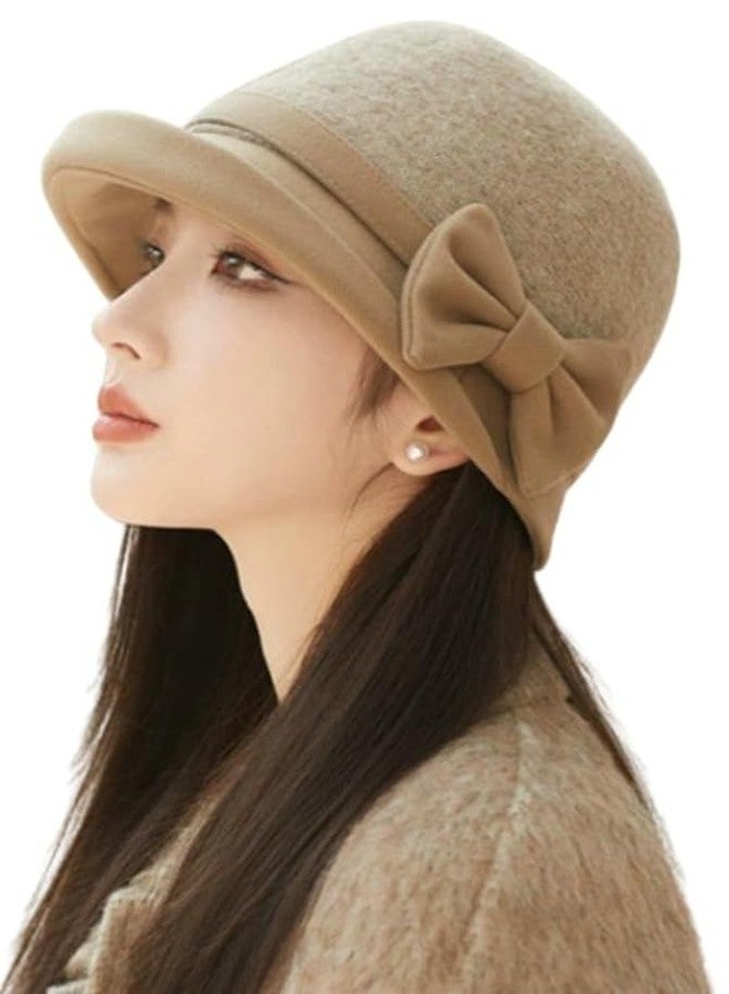 Caistre Classic Felt Fedora Hat for Women 2025 Fall Winter Soft Elegant Bow Bucket Hat Cozy Short Brim Cap 2025, Khaki, M - Image 1