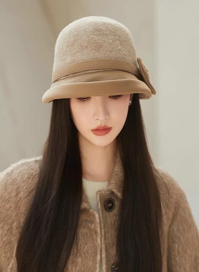 Caistre Classic Felt Fedora Hat for Women 2025 Fall Winter Soft Elegant Bow Bucket Hat Cozy Short Brim Cap 2025, Khaki, M - Image 3