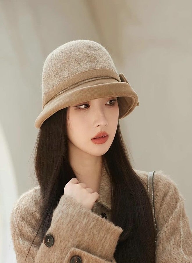 Caistre Classic Felt Fedora Hat for Women 2025 Fall Winter Soft Elegant Bow Bucket Hat Cozy Short Brim Cap 2025, Khaki, M - Image 2