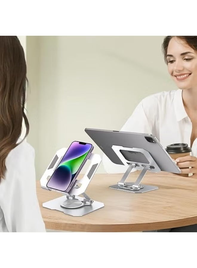 Desktop tablet stand, 360-degree rotating base, metal frame, foldable, with high stability and strong load-bearing capacity, compatible with iPads, tablets, mobile phones, and e-readers - Silver - Image 5