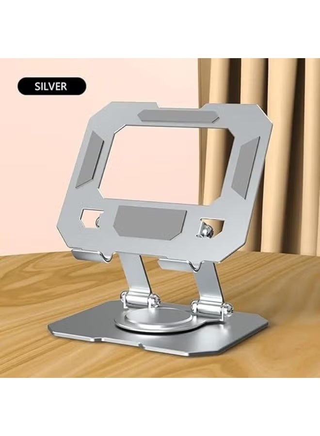 Desktop tablet stand, 360-degree rotating base, metal frame, foldable, with high stability and strong load-bearing capacity, compatible with iPads, tablets, mobile phones, and e-readers - Silver - Image 4