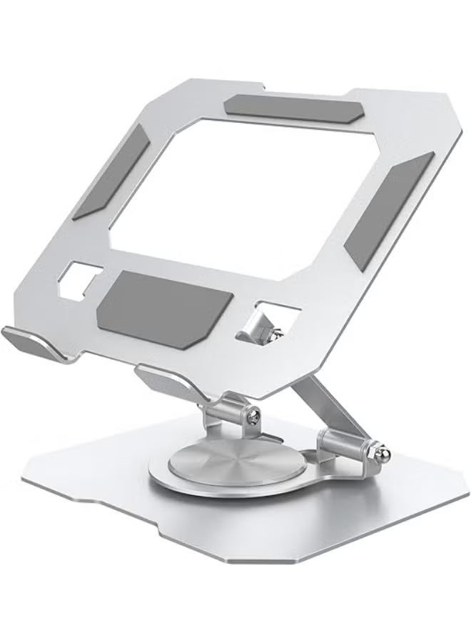 Desktop tablet stand, 360-degree rotating base, metal frame, foldable, with high stability and strong load-bearing capacity, compatible with iPads, tablets, mobile phones, and e-readers - Silver - Image 1