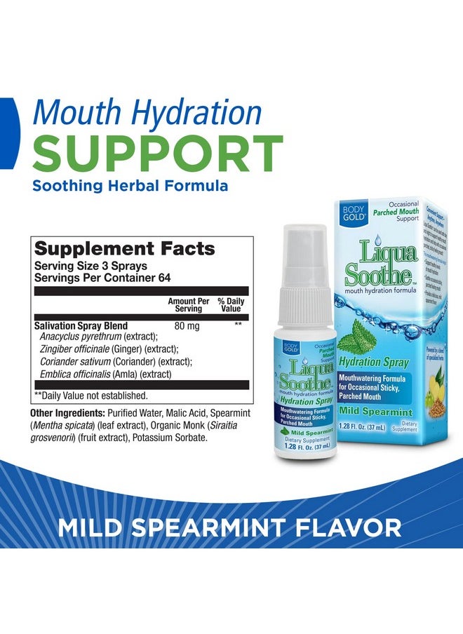 Body Gold - Body Gold Liqua Soothe Mouth Spray, Oral Care Formula for Occasional Dry Mouth Feeling, Supports Healthy Levels of Mouth Hydration w/Akarkara and Ginger, Mild Spearmint Flavor, About 64 Serv, 1.28oz - Image 1