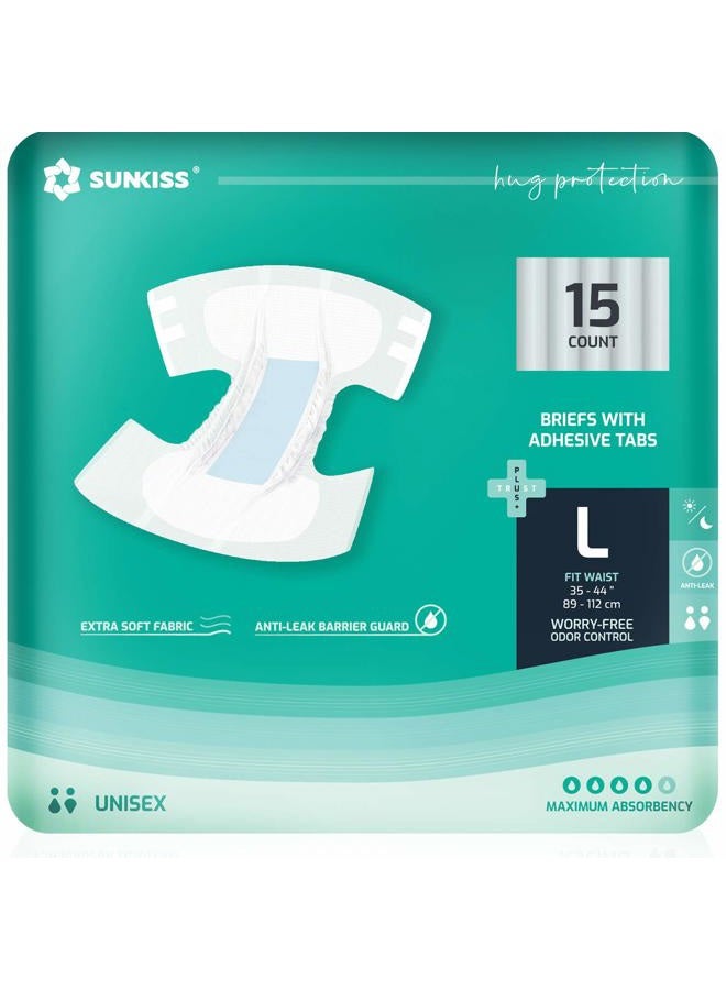 SUNKISS TrustPlus Adult Diapers with Maximum Absorbency, Disposable Incontinence Briefs with Tabs for Men and Women, Odor Control, Large, 15 Count - Image 1