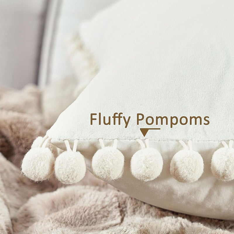 Topfinel Top Finel Pack of 2 Decorative Pillow Covers 16x16 Inches Cream Velvet Throw Pillow Covers with Pom-poms Off White Square Cushion Cases for Couch Sofa Bedroom Car 40x40 cm Modern Home Decor - Image 3