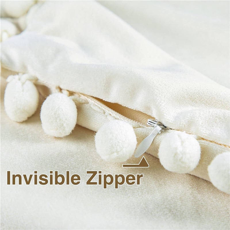 Topfinel Top Finel Pack of 2 Decorative Pillow Covers 16x16 Inches Cream Velvet Throw Pillow Covers with Pom-poms Off White Square Cushion Cases for Couch Sofa Bedroom Car 40x40 cm Modern Home Decor - Image 4