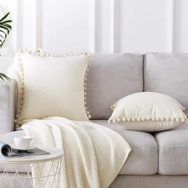 Topfinel Top Finel Pack of 2 Decorative Pillow Covers 16x16 Inches Cream Velvet Throw Pillow Covers with Pom-poms Off White Square Cushion Cases for Couch Sofa Bedroom Car 40x40 cm Modern Home Decor - Image 5