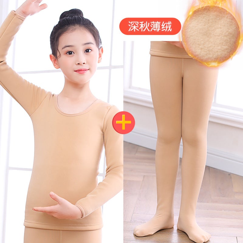 Factory wholesale autumn and winter fleece-lined childrens dance clothing childrens performance clothing invisible underwear girls high elastic dance socks skin color complete set 