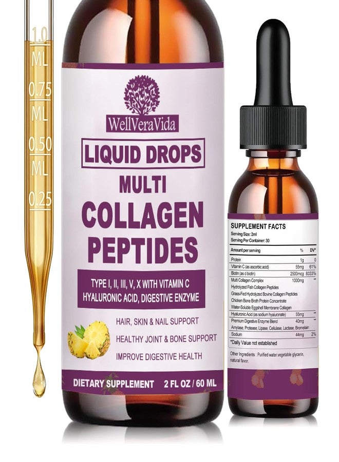 WellVeraVida Multi Collagen Peptides Liquid Drops, 2oz – Types I, II, III, V, X, Hydrolyzed Collagen Complex for Hair, Skin, Nails, Bones & Joint Support | Collagen Supplement w. Hyaluronic Acid, Biotin, Vitamin C - Image 1