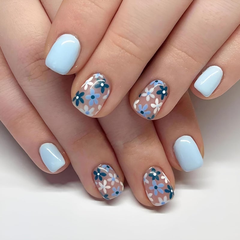 Namrec 6 Packs (144Pcs) Flower Press on Nails Short Square Fake Nails with Daisy Design Flower False Nails Acrylic Nails Flower Nails Press ons Glossy Stick on Nails Full Cover Glue on Nails for Women Girls - Image 2