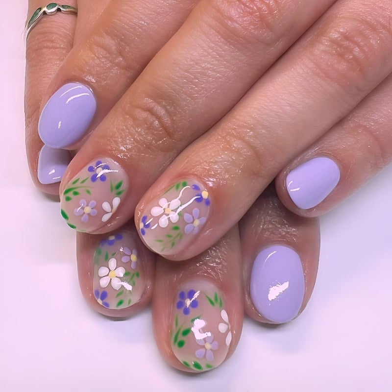 Namrec 6 Packs (144Pcs) Flower Press on Nails Short Square Fake Nails with Daisy Design Flower False Nails Acrylic Nails Flower Nails Press ons Glossy Stick on Nails Full Cover Glue on Nails for Women Girls - Image 5
