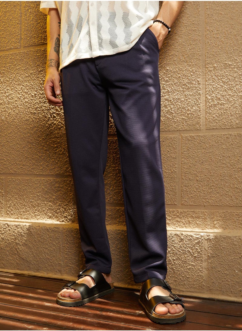 Campus Sutra Men's Navy Blue Micro-Waffle Chino Trousers  - Image 1