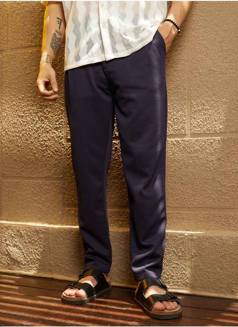 Campus Sutra Men's Navy Blue Micro-Waffle Chino Trousers  - Image 2