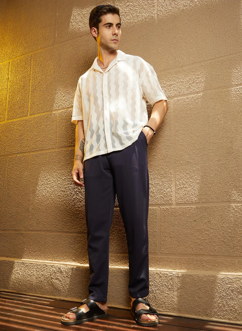 كامبوس سوترا Men's Navy Blue Micro-Waffle Chino Trousers