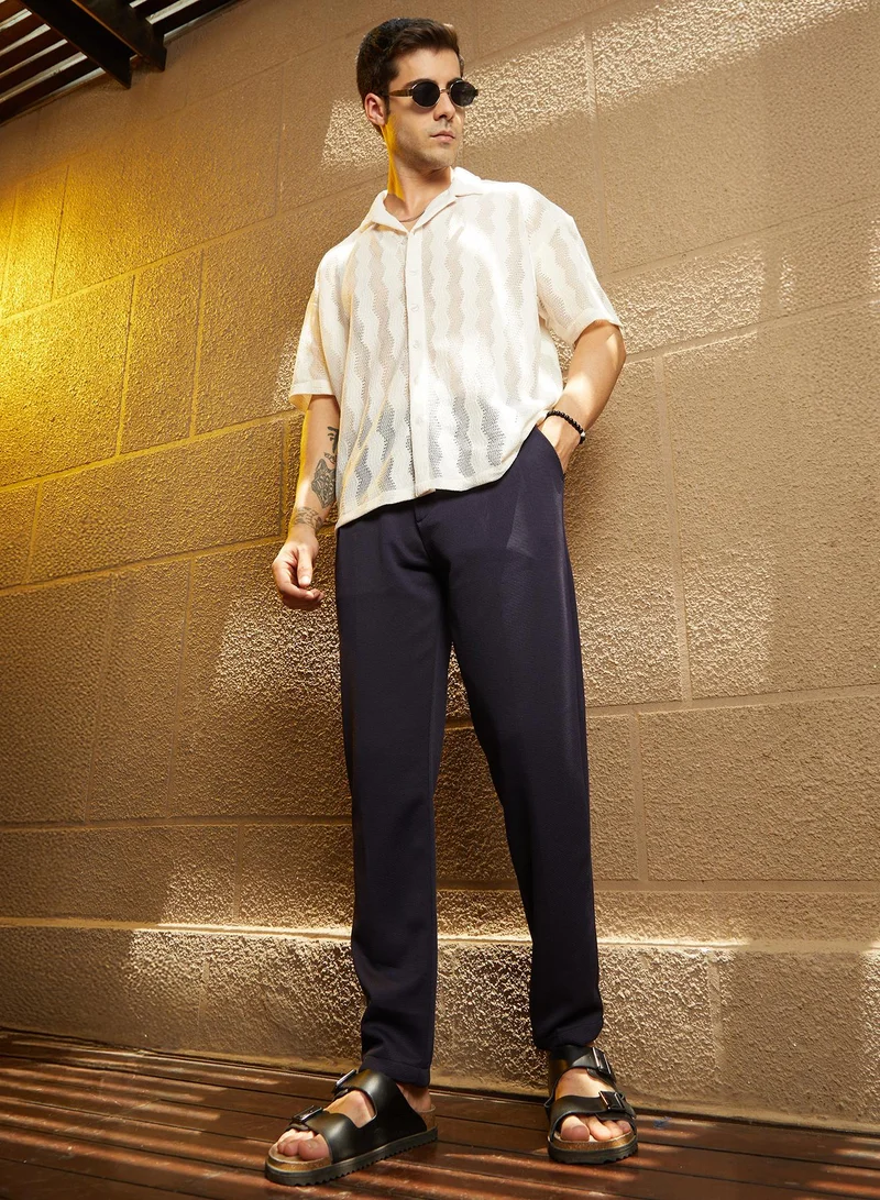 كامبوس سوترا Men's Navy Blue Micro-Waffle Chino Trousers