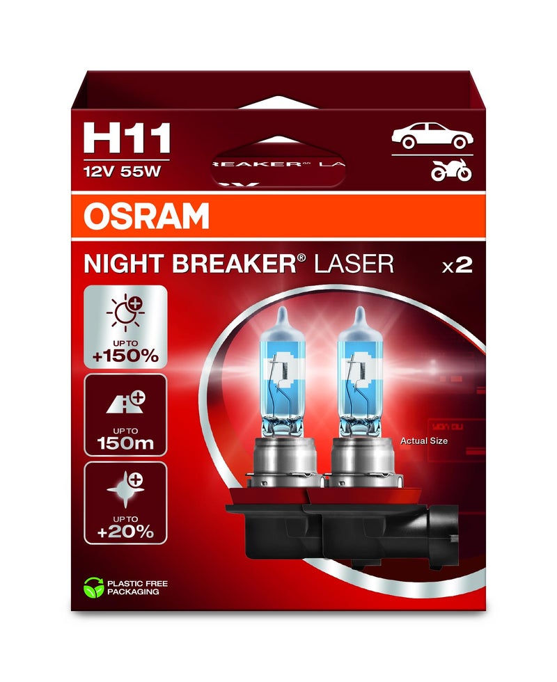 OSRAM مصباح هالوجين OSRAM NIGHT BREAKER LASER H11، أكثر إشراقًا بنسبة +150%، 64211NL-2HB، 12 فولت، صندوق قابل للتعليق والطي (2 مصابيح) - Image 1