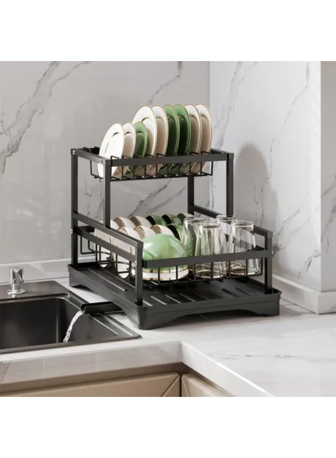 كيتشينو رف تجفيف الأطباق من كيتشينو ، رف أطباق متعدد الطبقات لطاولة المطبخ، رف تجفيف قابل للفصل مع مصفاة، مصفاة أطباق صغيرة مع لوح تصريف، حامل أدوات وحامل أكواب للمساحات الصغيرة، أسود - Image 4