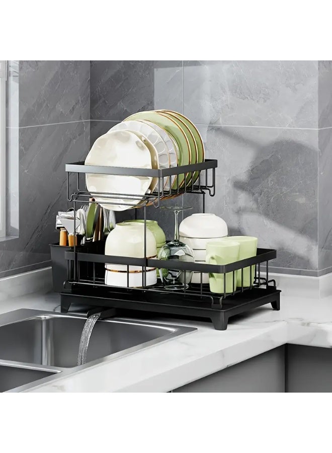 كيتشينو رف تجفيف الأطباق من كيتشينو ، رف أطباق متعدد الطبقات لطاولة المطبخ، رف تجفيف قابل للفصل مع مصفاة، مصفاة أطباق صغيرة مع لوح تصريف، حامل أدوات وحامل أكواب للمساحات الصغيرة، أسود - Image 5