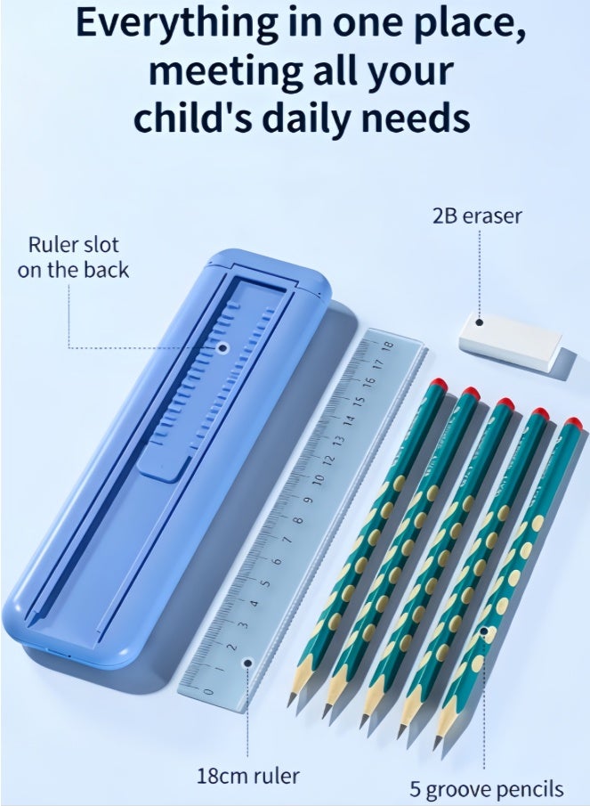 Kids Pencil Case Set with Ruler Slot, 5 Groove Pencils for Handwriting, 2B Eraser & 18cm Ruler, All-in-One Stationery Kit for School, Home & Travel, Daily Learning Needs for Children (Blue) - Image 1