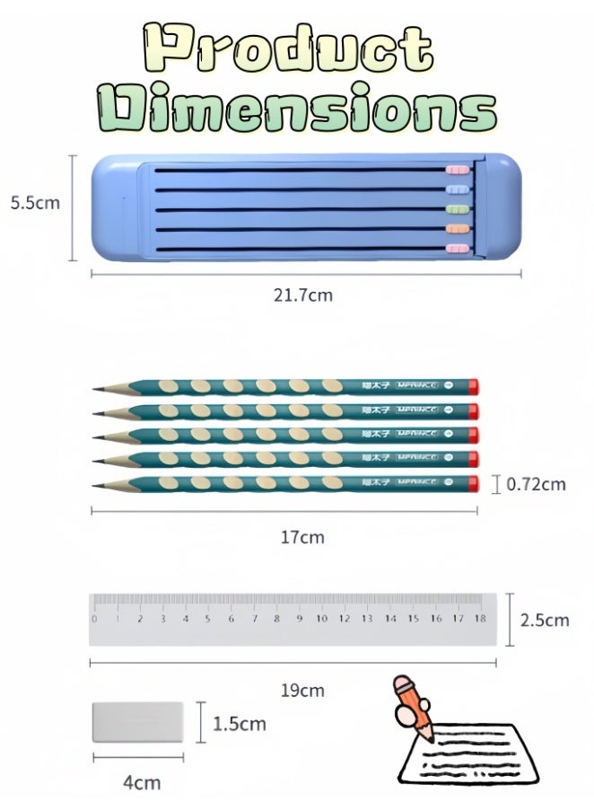 Kids Pencil Case Set with Ruler Slot, 5 Groove Pencils for Handwriting, 2B Eraser & 18cm Ruler, All-in-One Stationery Kit for School, Home & Travel, Daily Learning Needs for Children (Blue) - Image 3