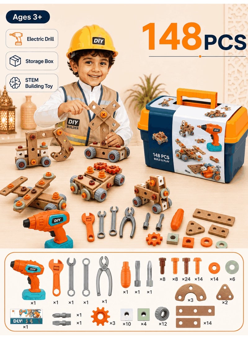 148-Piece Kids Tool Set with Electric Drill - STEM Construction Building Toys with Storage Box, Engineer Games Pretend Play Construction Tool Toys for Toddlers Ages 3+ - Image 1